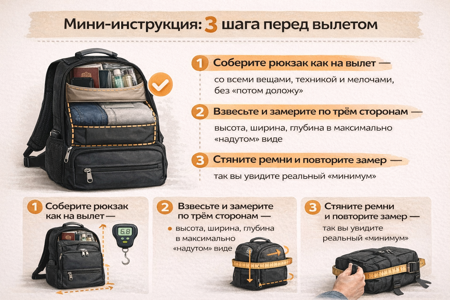 Как сложить рюкзак перед вылетом, мини инструкция с тремя пунктами
